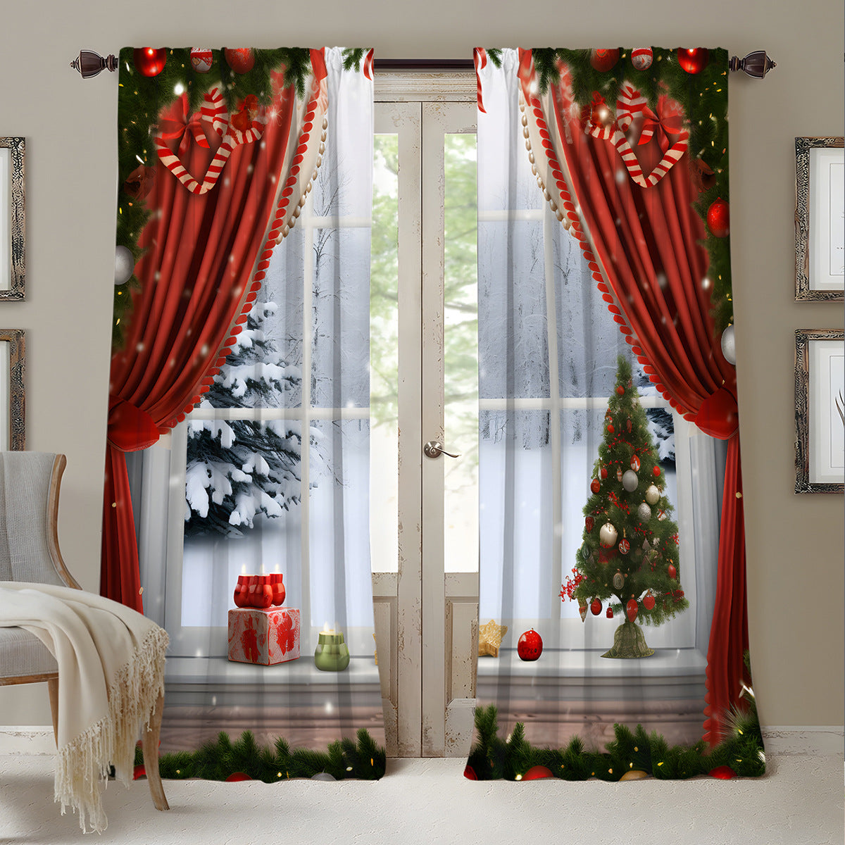 2pcs Christmas Curtain 3d Digital Printing Flower Type
