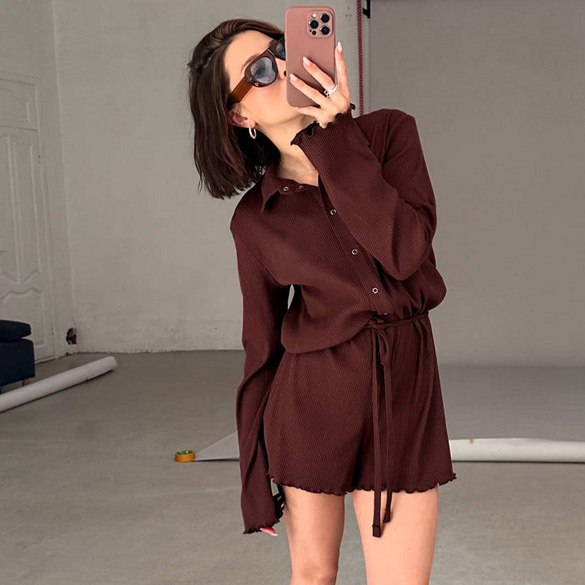 Chic Lace-Up Knit Cardigan Romper