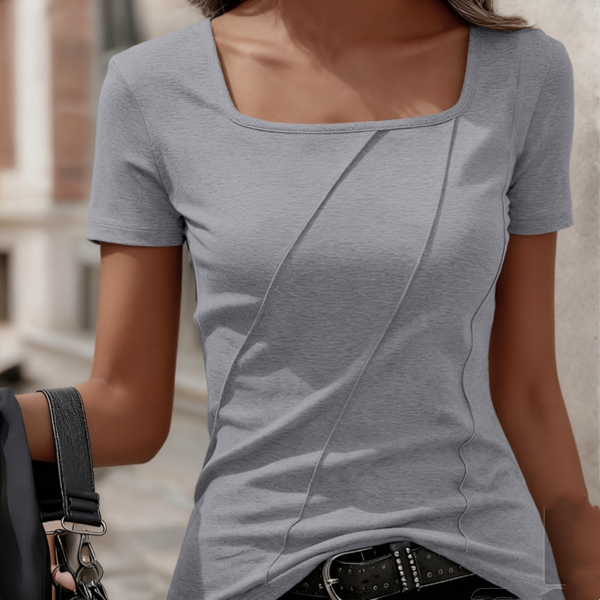 Solid-Color Notch-Neck Short Sleeve T-Shirt – Comfortable & Versatile