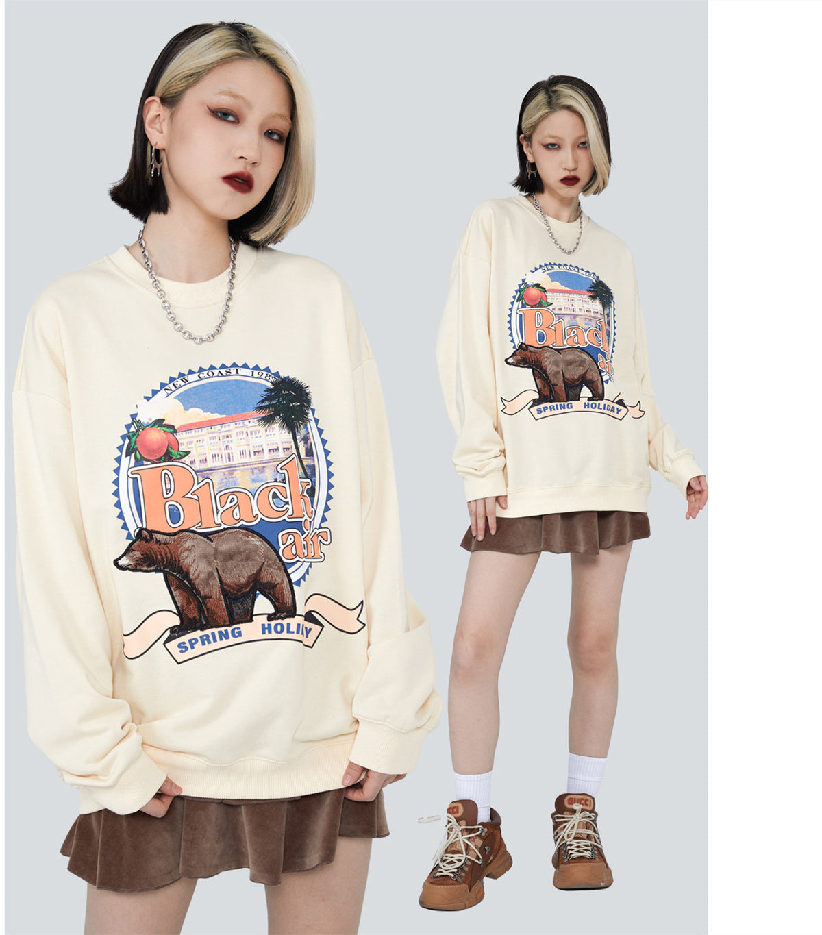 Retro 3D Bear Embroidered Long Sleeve Sweatshirt