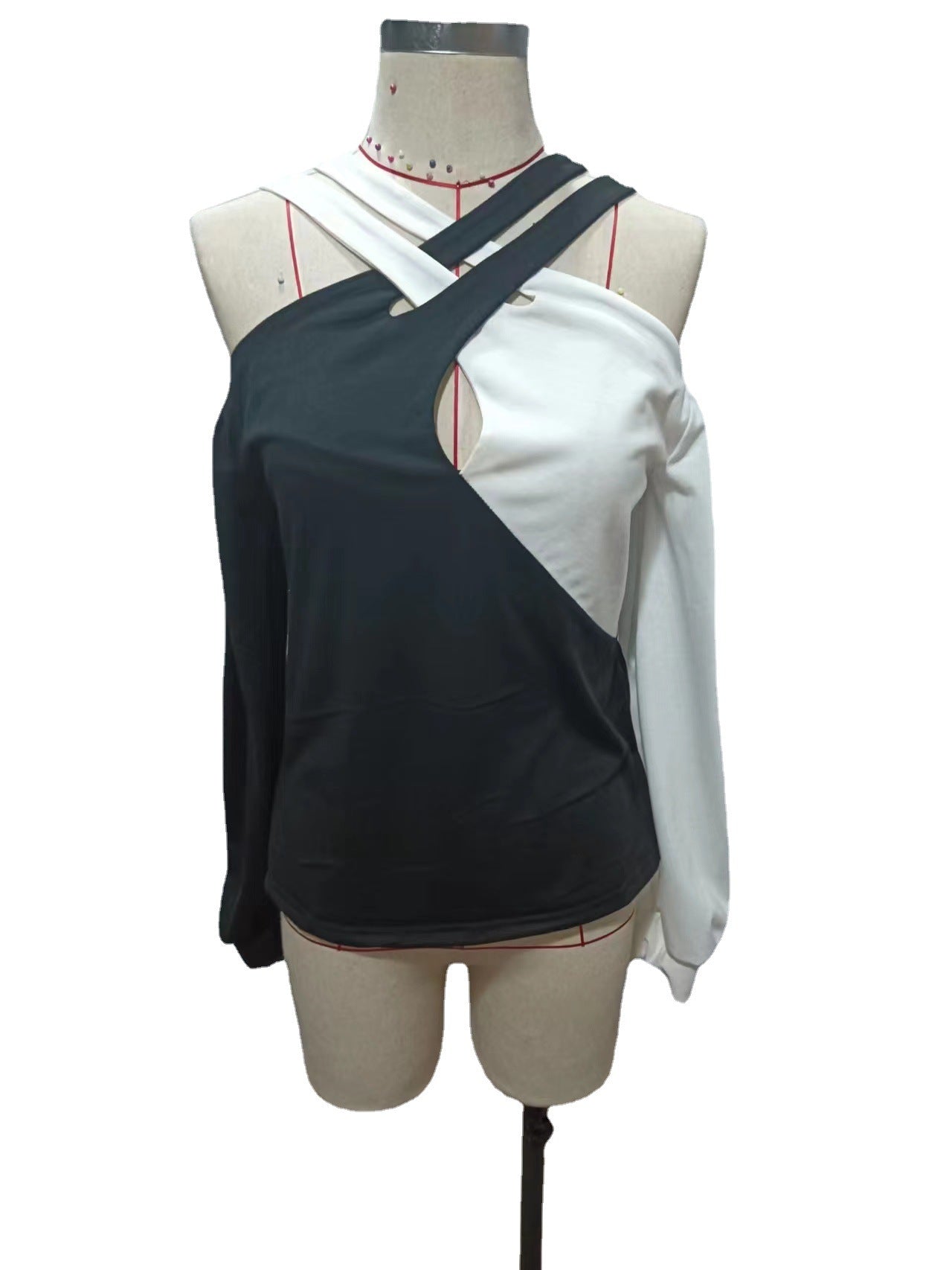 Chic Colorblock Cross-Belt Casual Women's Top