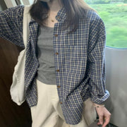 Blue Plaid Women's Loose Long-sleeved Shirt
