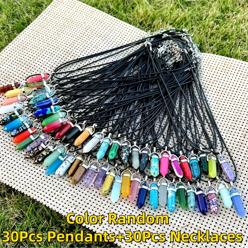 Assorted Hexagonal Crystal Stone Pendants with Black Leather Necklace Chain – 60 Pieces (30 Sets)