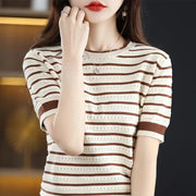 Vibrant Striped Hollow Knitted Shirt – Loose Fit, Short Sleeves