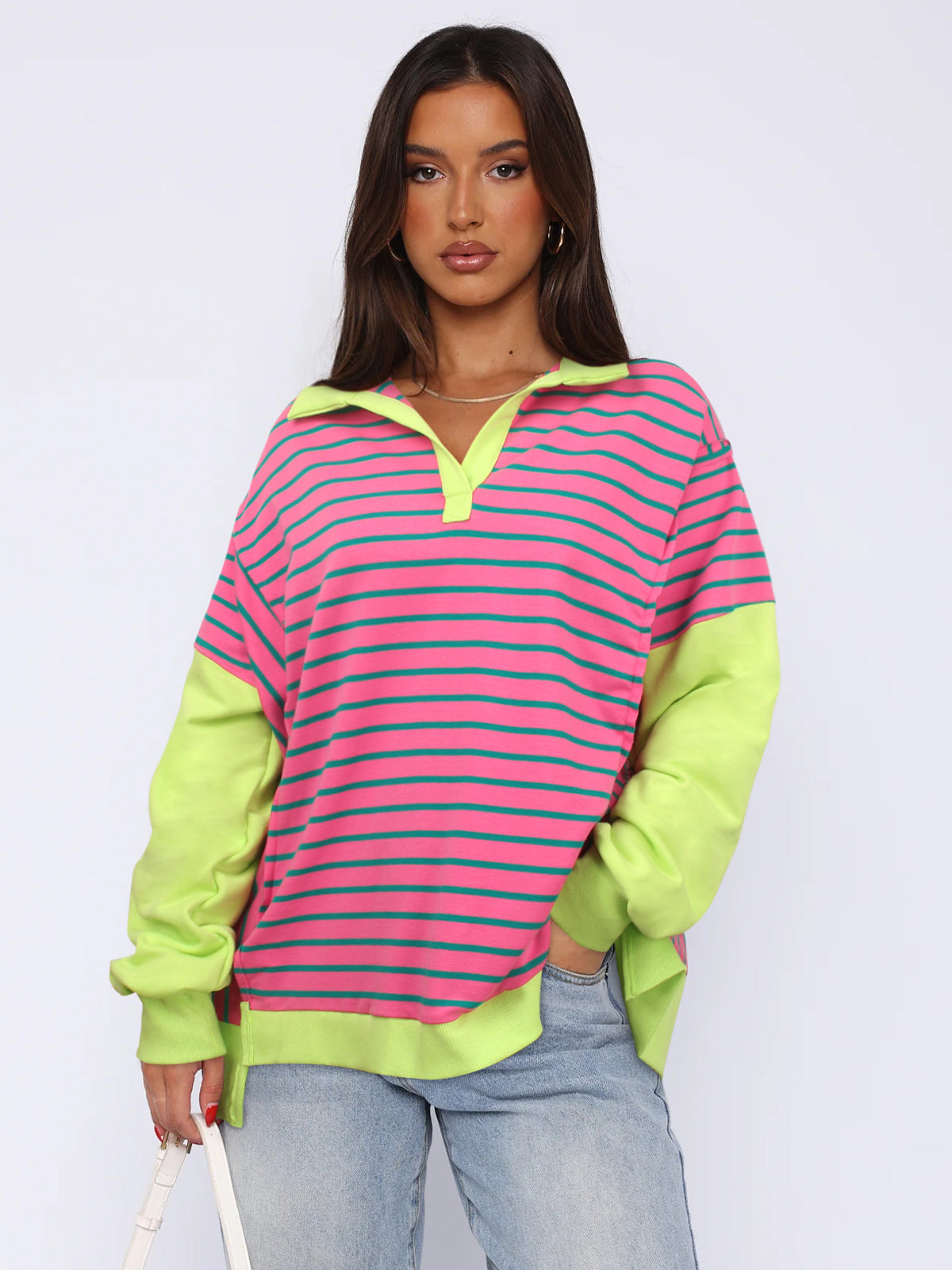 Chic Colorblock Striped Loose Knit Pullover Sweater