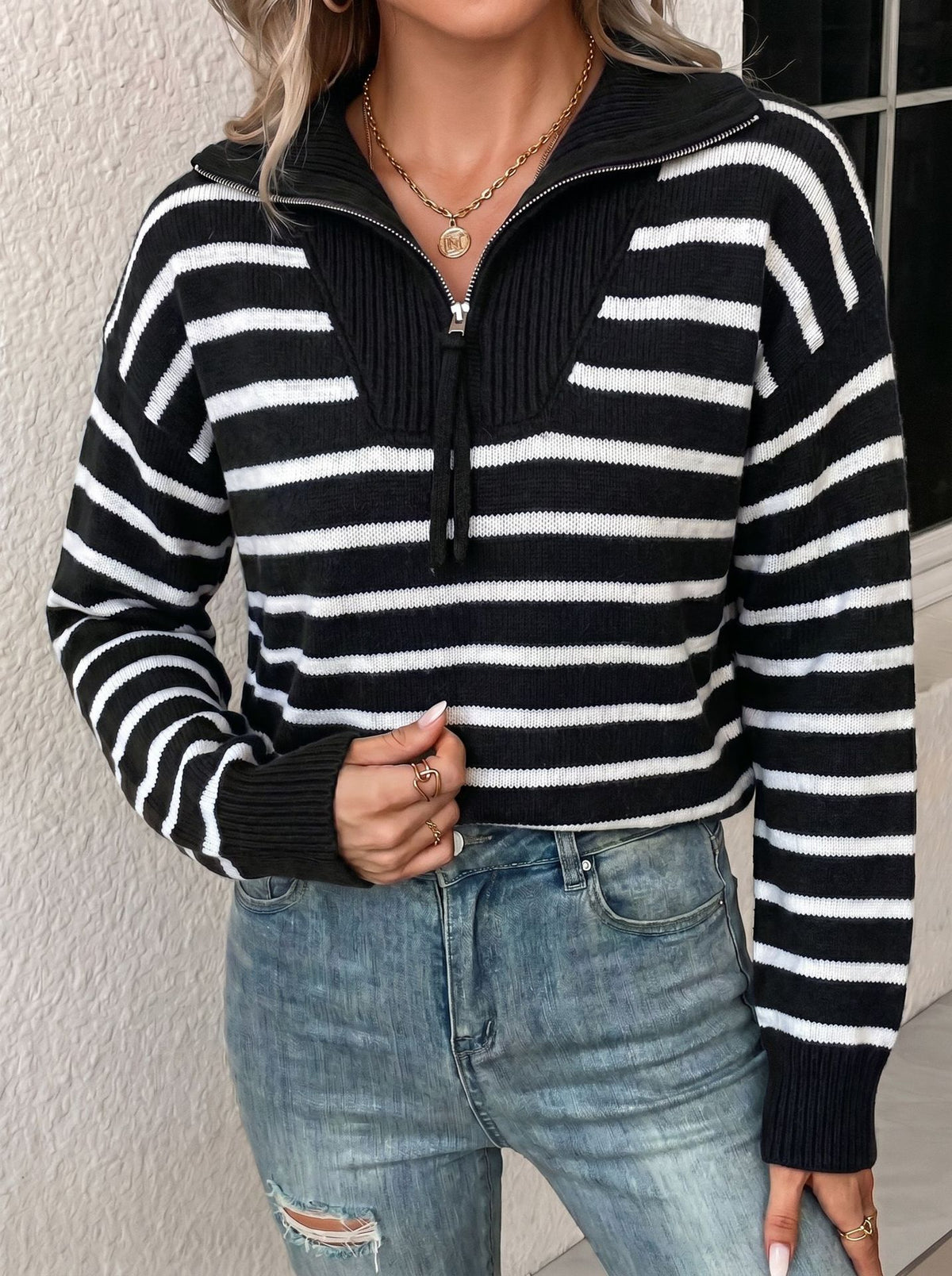 Womens Striped Stand-neck Half-zip Sweater