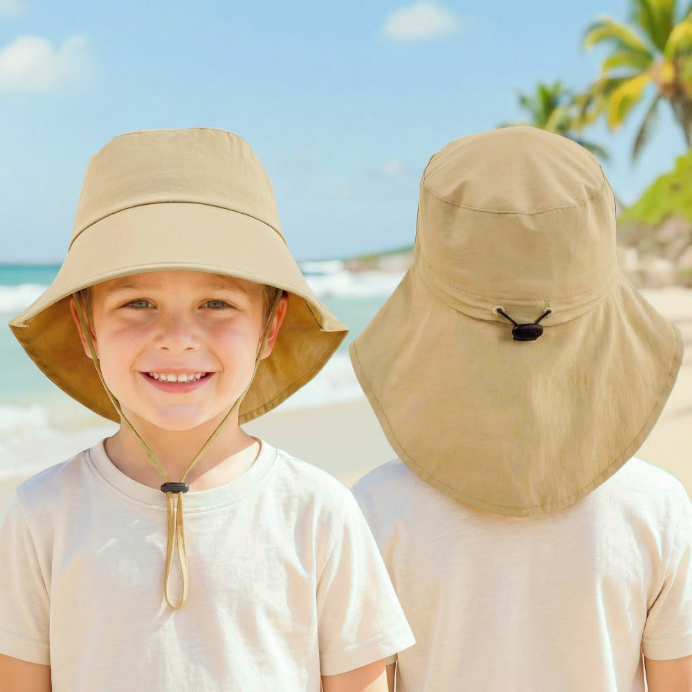 Kids Outdoor Sun Hat with Windproof Rope, Adjustable Drawstring and Ponytail Hole – Nylon Fisherman Style