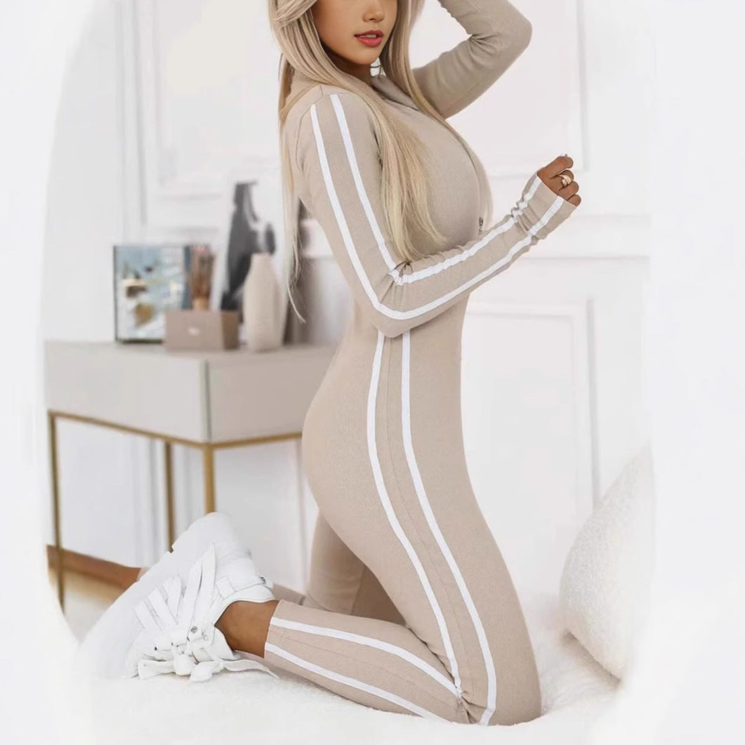 Women's Slim Striped Half-Zip Jumpsuit