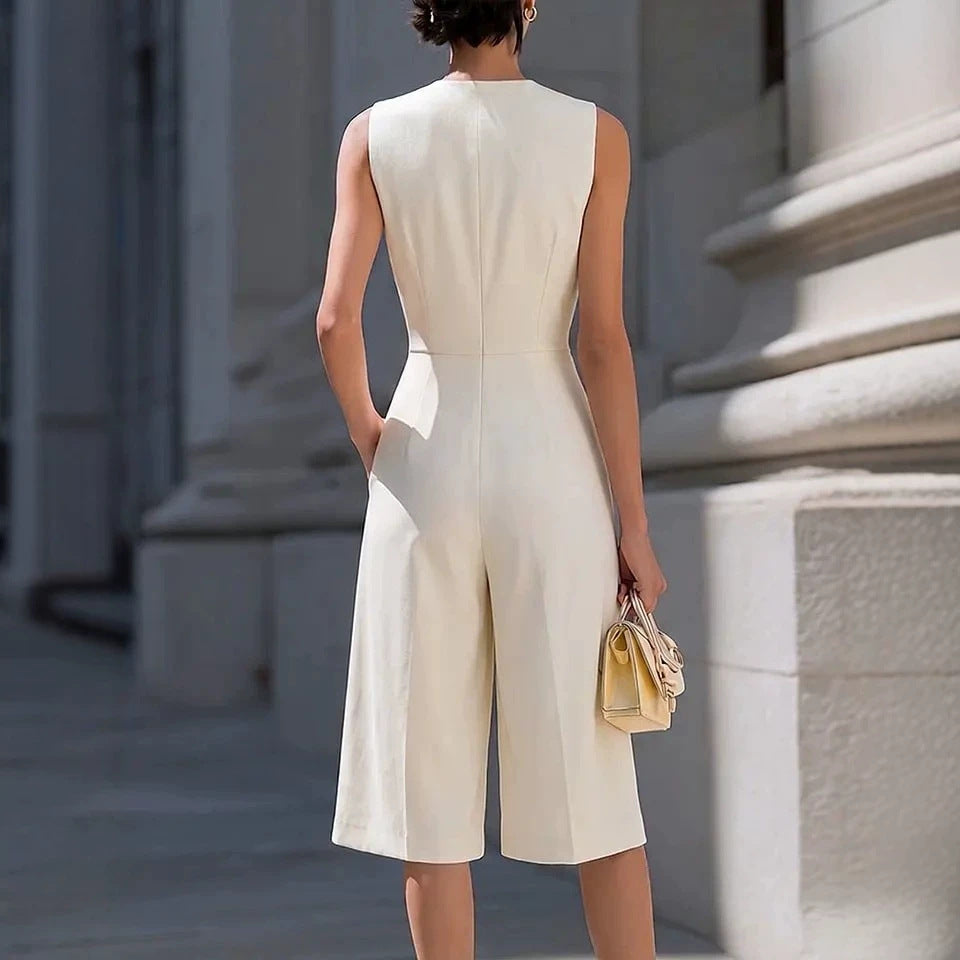 Solid-color Zip-front Crew-neck Sleeveless Wide-leg Jumpsuit