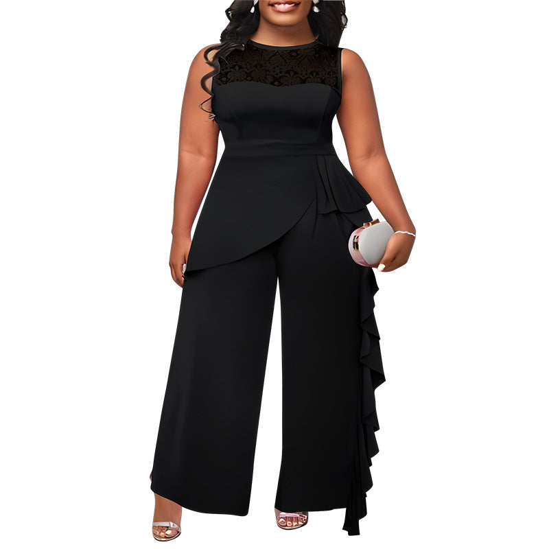 Elegant Plus-Size Straight-Leg Patchwork Jumpsuit