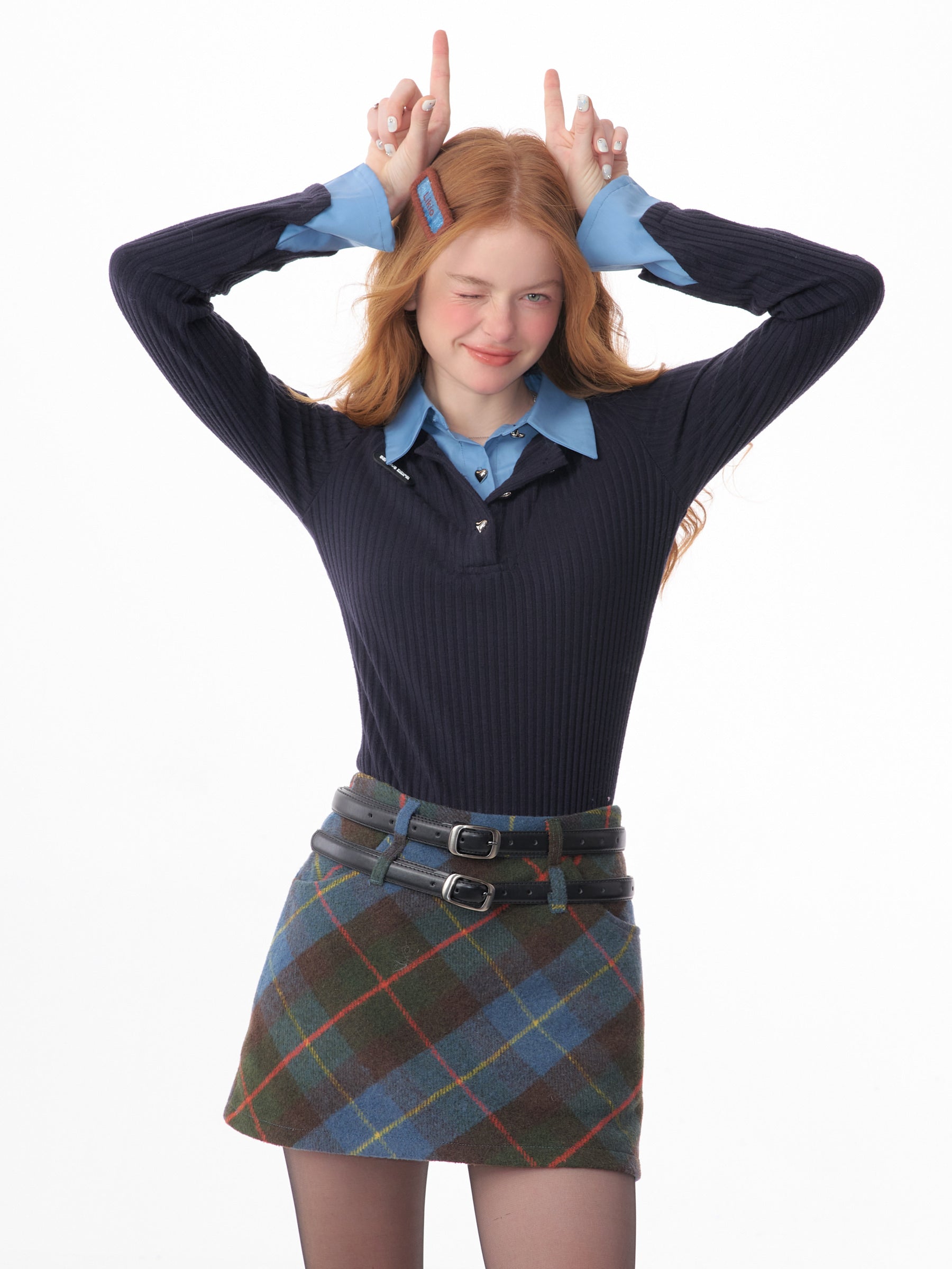 Retro Fake Two-Piece Bell Sleeve Polo Top