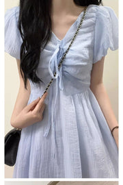 French-style Bohemian Lace-up V-neck Blue Puff-sleeve Dress