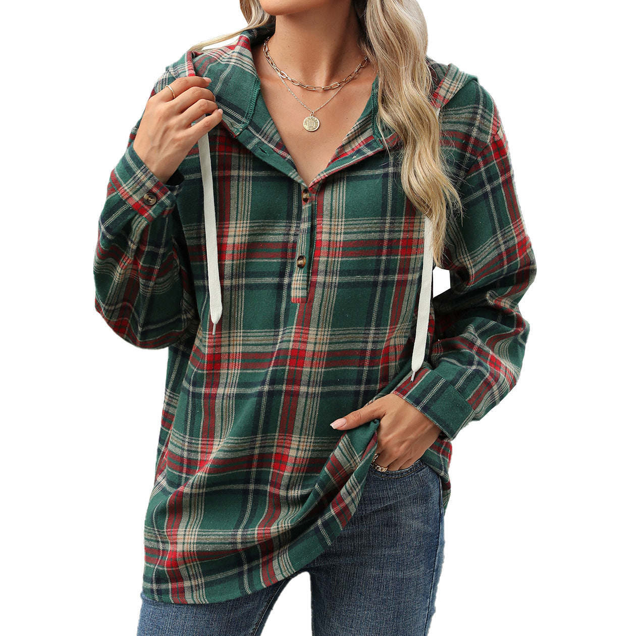 Women's Plaid Button Hoodie Loose Long Sleeve Sweatshirt