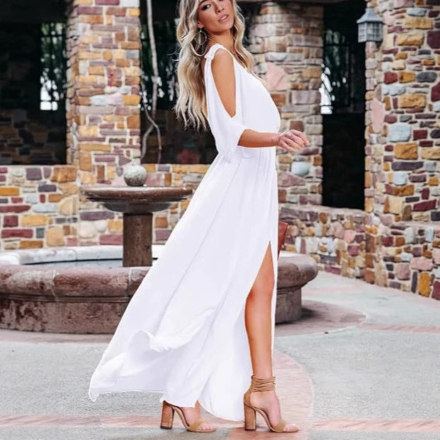 Womens V-neck Off-shoulder Short-sleeve Dress