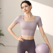 Slim Fit Yoga Cuff Chest Pad Top – Short Sleeve, Breathable Stretch