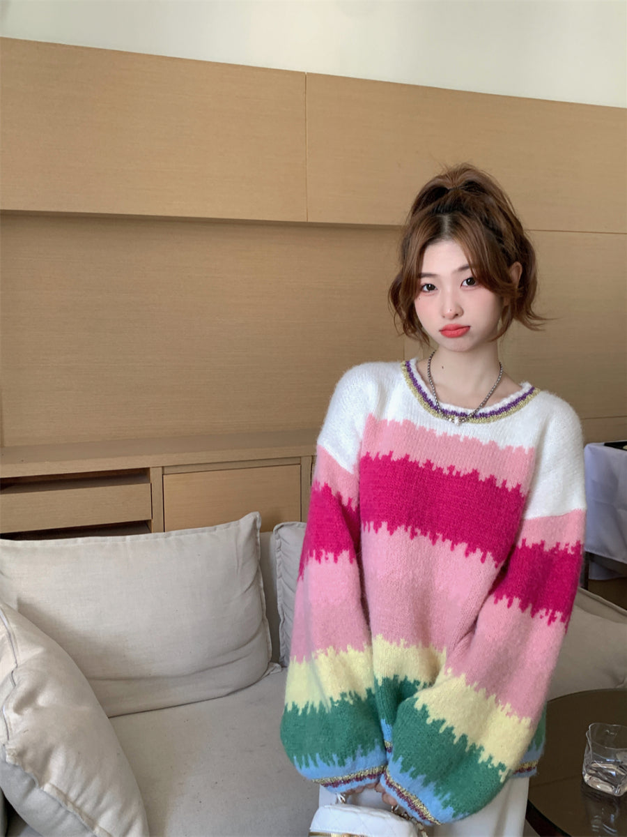 Rainbow Stripe Oversized Pullover Sweater for Women