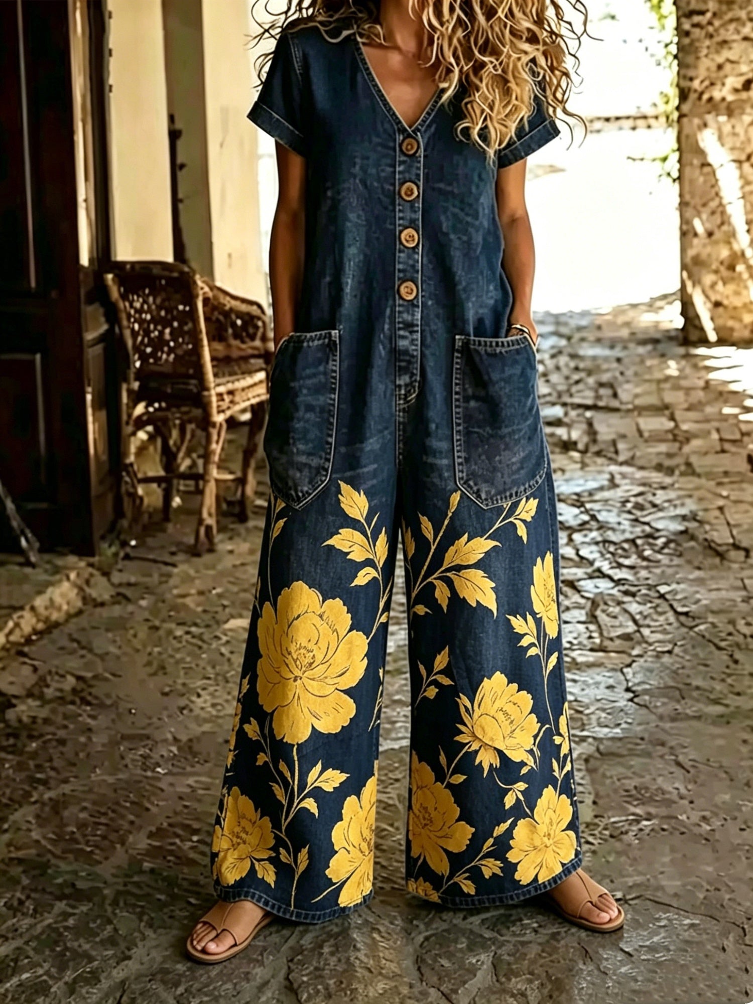 Casual Denim Short-Sleeve Wide-Leg Jumpsuit with Pockets
