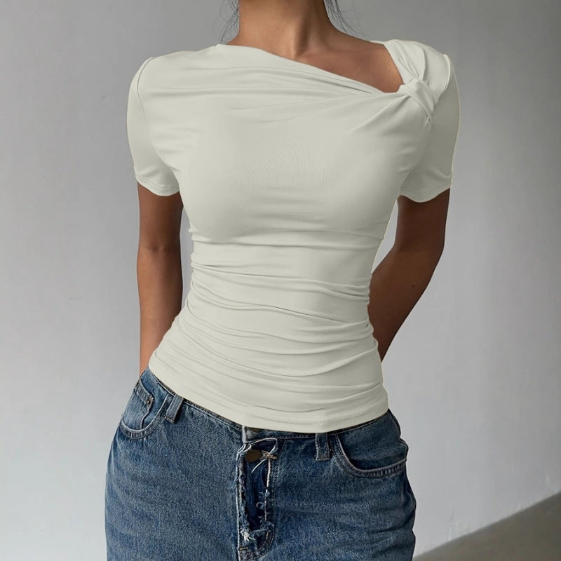 Elegant Off-Shoulder Short-Sleeve Top – Slim Fit, Hollow-Out Detail