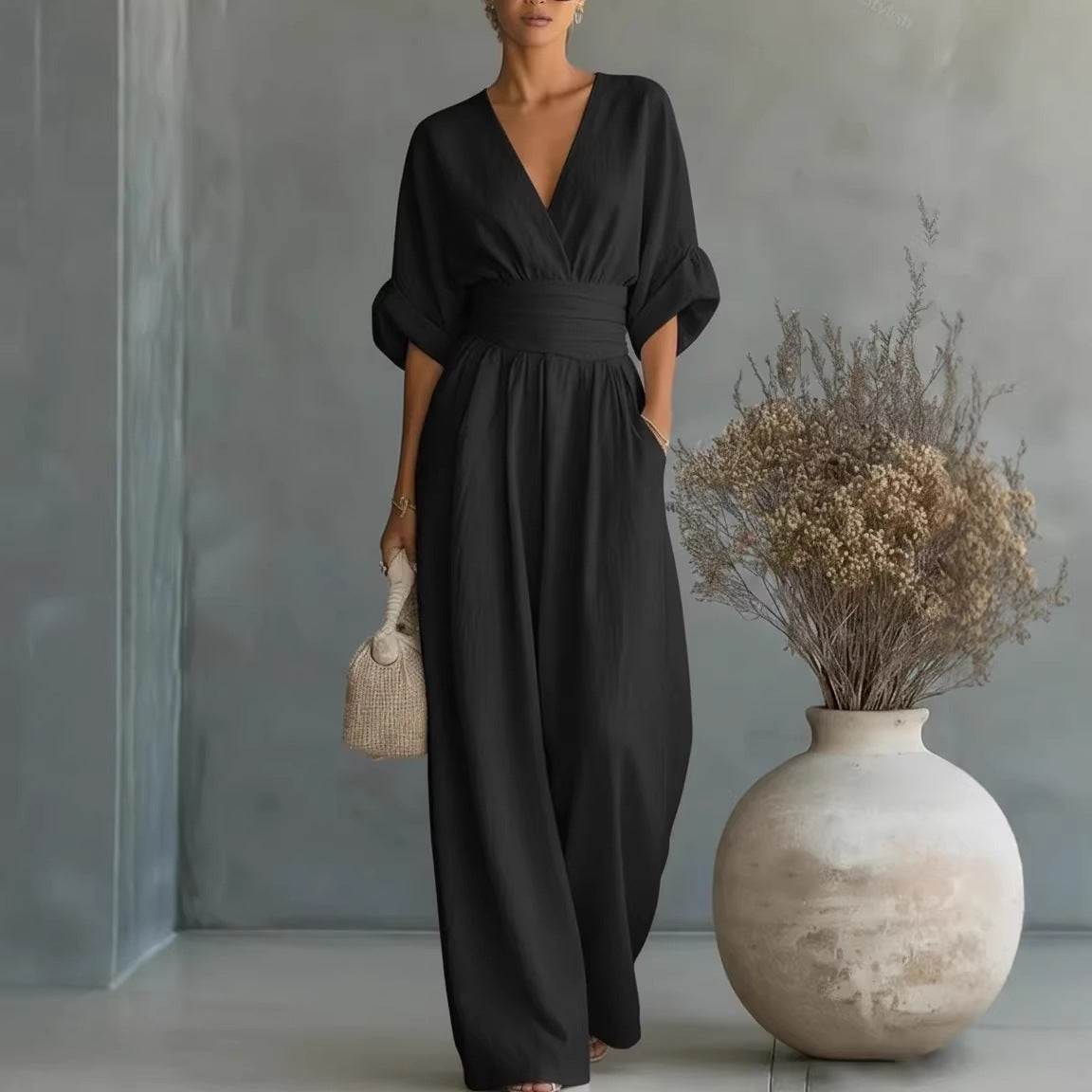Elegant V-Neck Wide-Leg Waist-Cinching Jumpsuit