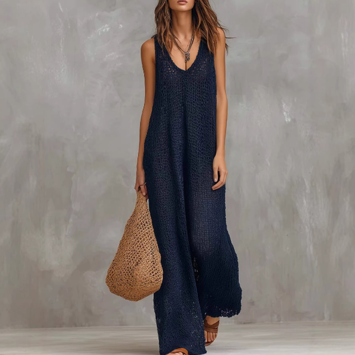 Casual Sleeveless Loose Waist Knitted Jumpsuit