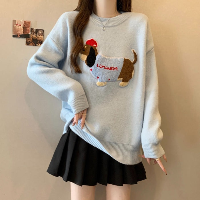 Crew-neck Cute Dog-embroidered Pullover Sweater