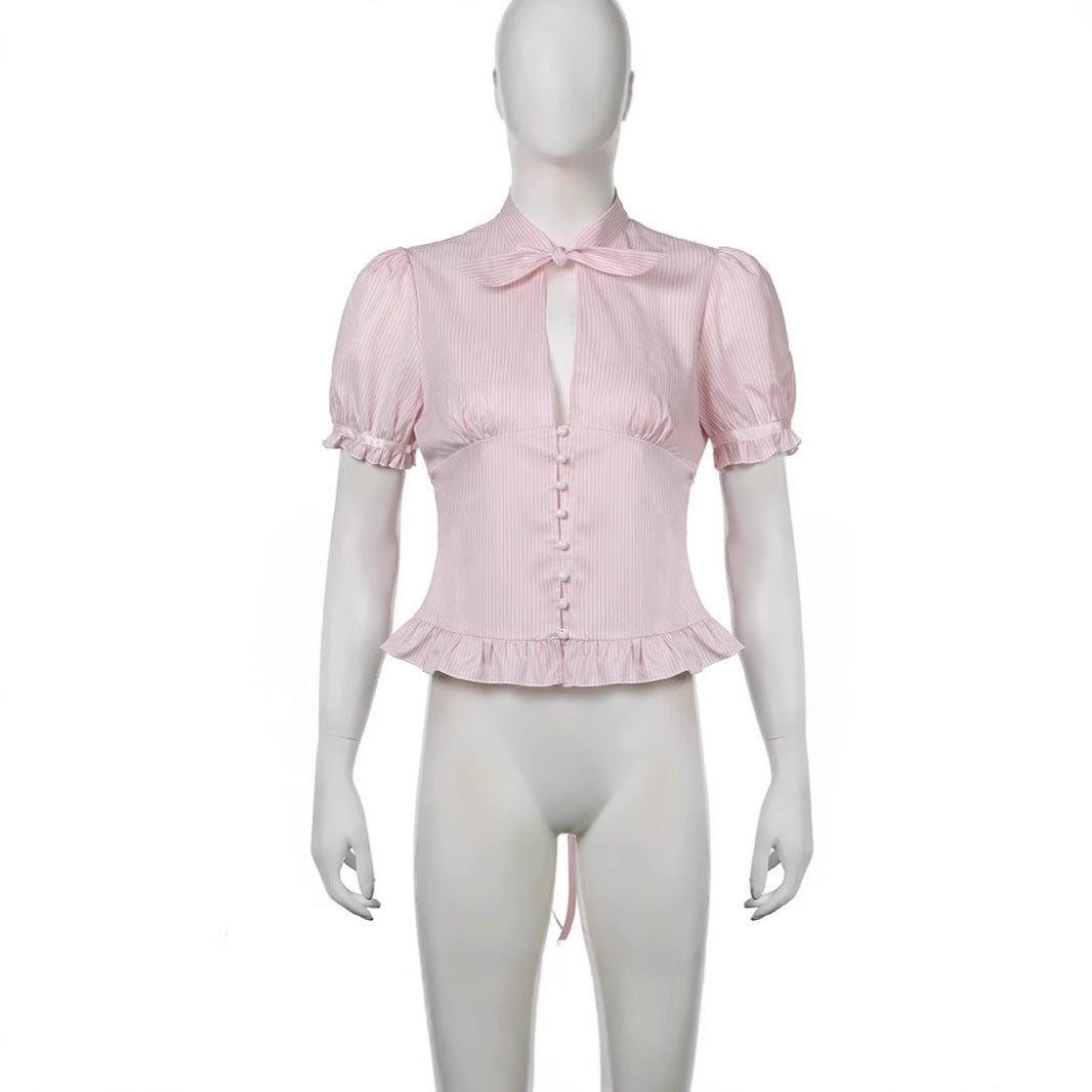 Chest-flattering Button Flounce Short Sleeve