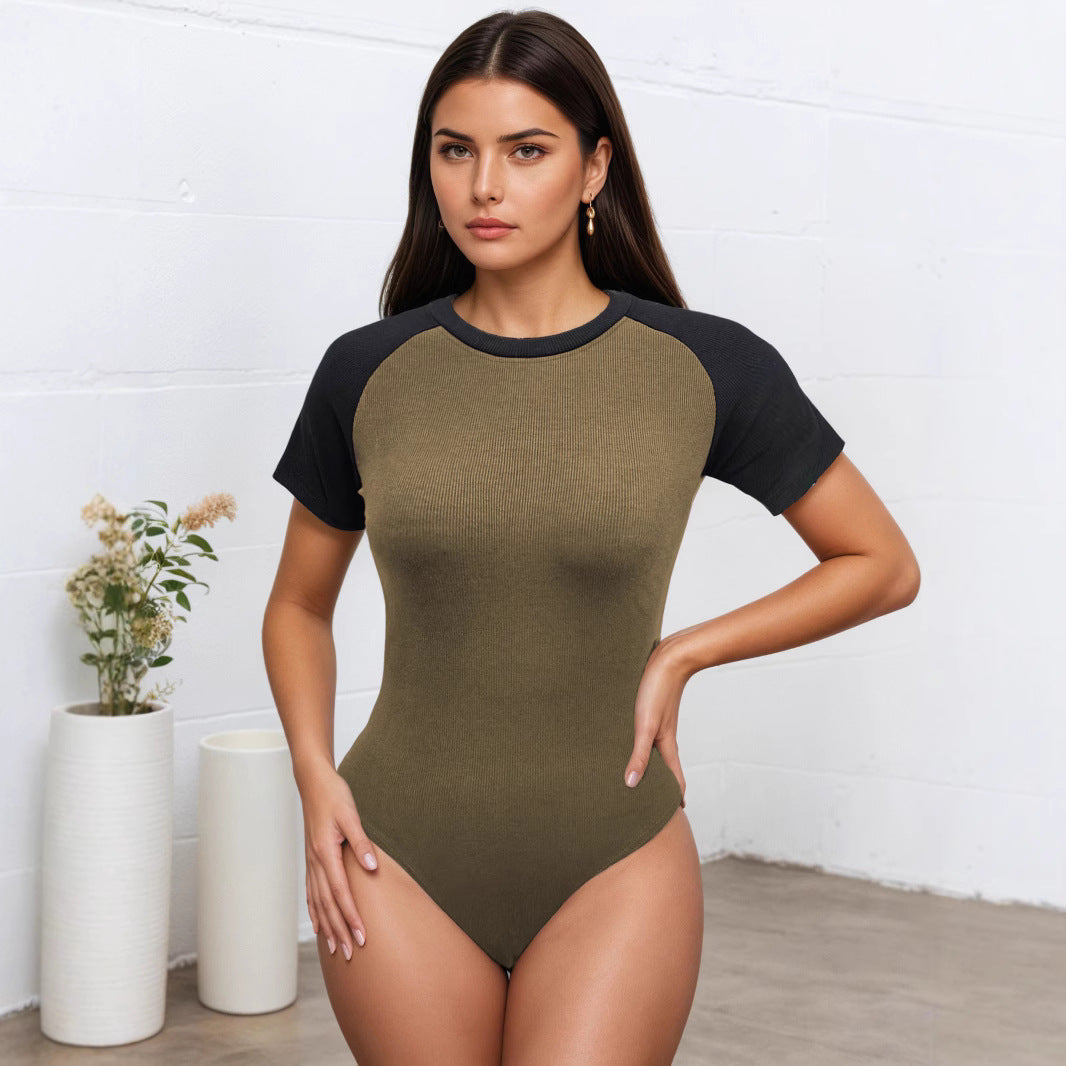Women's Contrast Color Short-Sleeve Jumpsuit