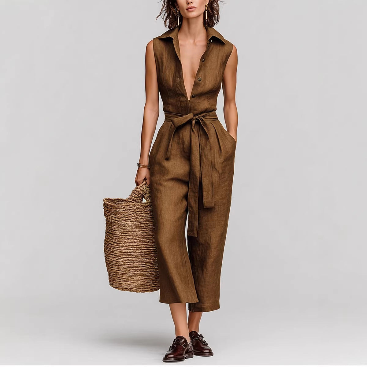 Retro Sleeveless Lapel Collar Lace-up Jumpsuit Womens Clothing