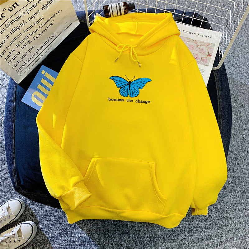 Cozy Butterfly Print Loose Pullover Hoodie