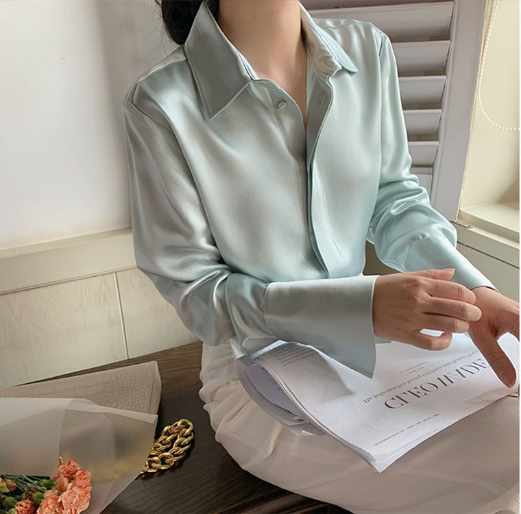 Women's Satin New Design Sense V-neck Silk Acetate White Shirt