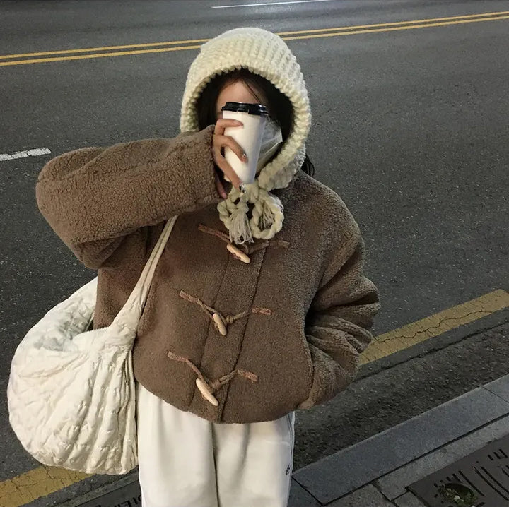 Women's Cozy Furry Winter Coat with Horn Buttons