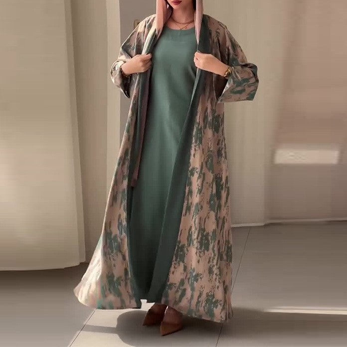 Long Printed Cardigan and Green Minimalist Skirt Set