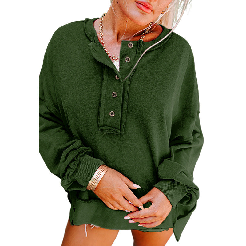 Solid V-Neck Loose Long Sleeve Pullover Sweatshirt