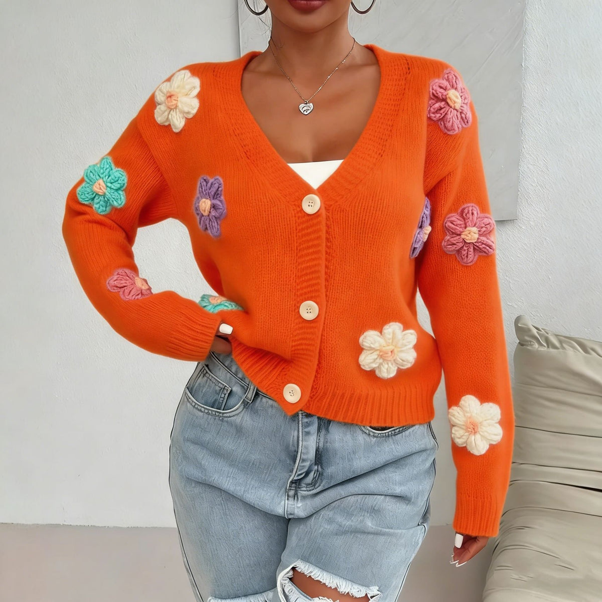 Womens Knitted Cardigan with Three-dimensional Floral Pattern and Hand-embroidered Flowers