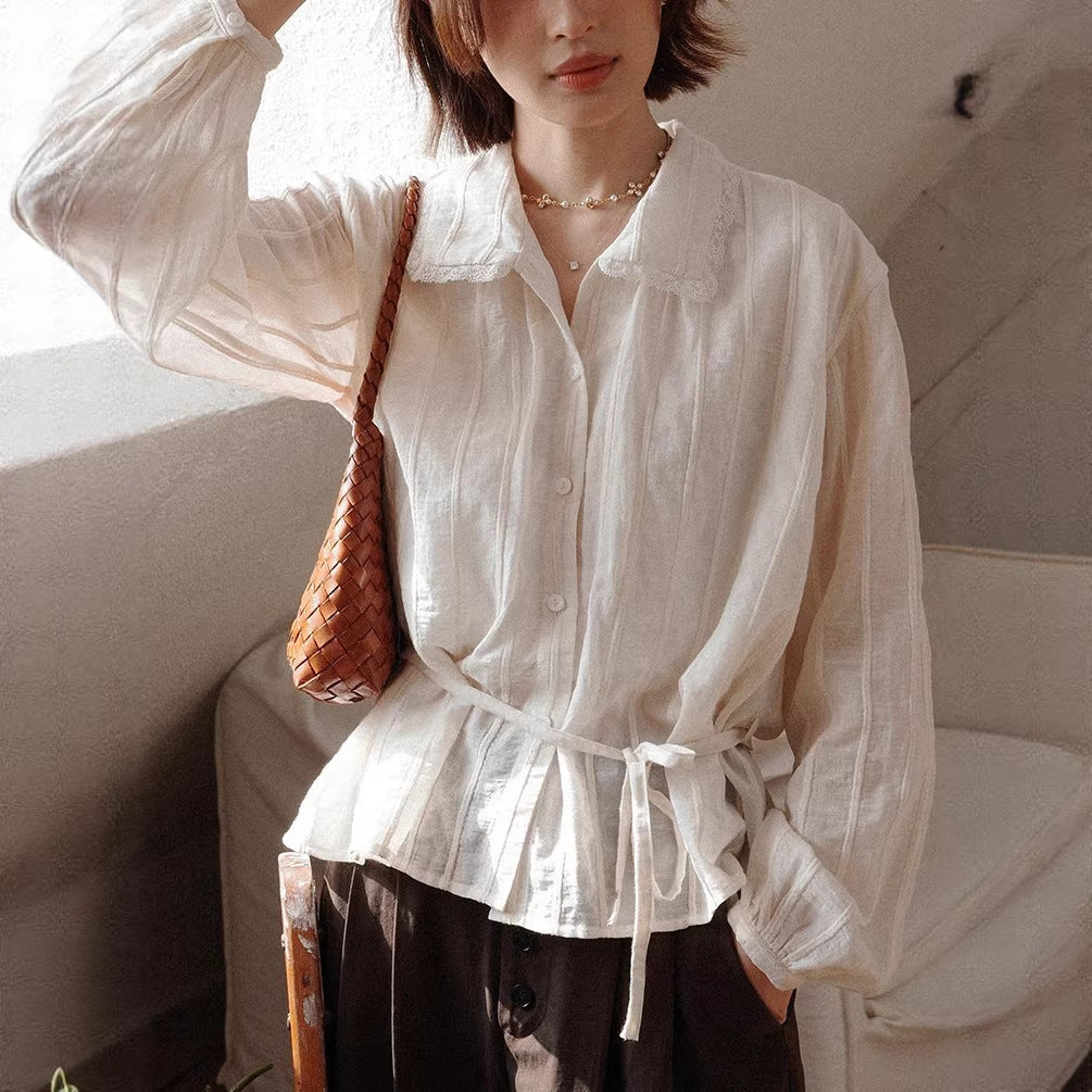 Striped Jacquard French‑Style Shirt – Relaxed Fit, Long Sleeves