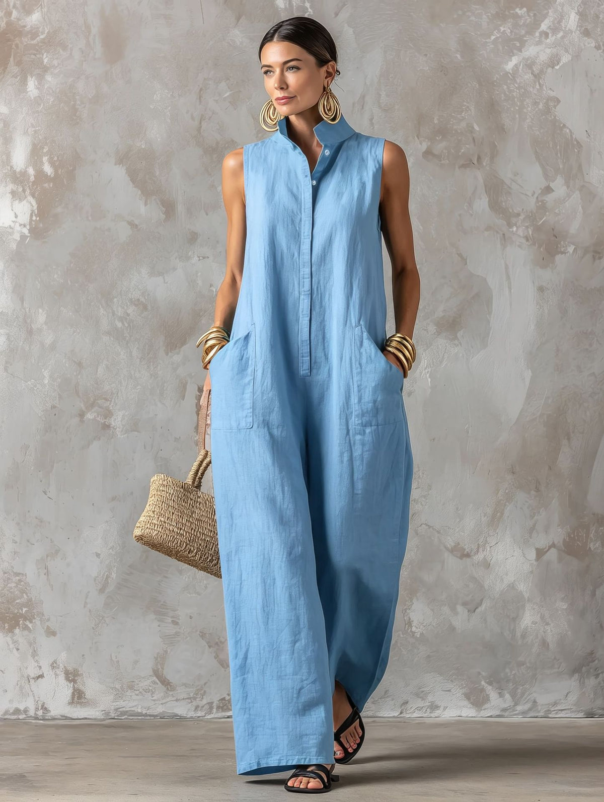 Chic Linen-Blend Stand-Collar Sleeveless Jumpsuit