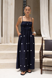 French Spaghetti Strap Ruched Bust White Polka Dot Flowy Maxi Dress