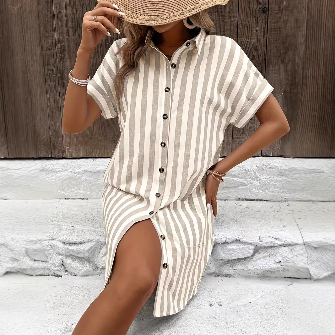 Loose-fit Striped Elegant Single-breasted Dress