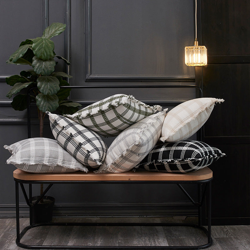 Chanel-Style Plaid Throw Pillow Cover with Tassel Trim - 45x45cm
