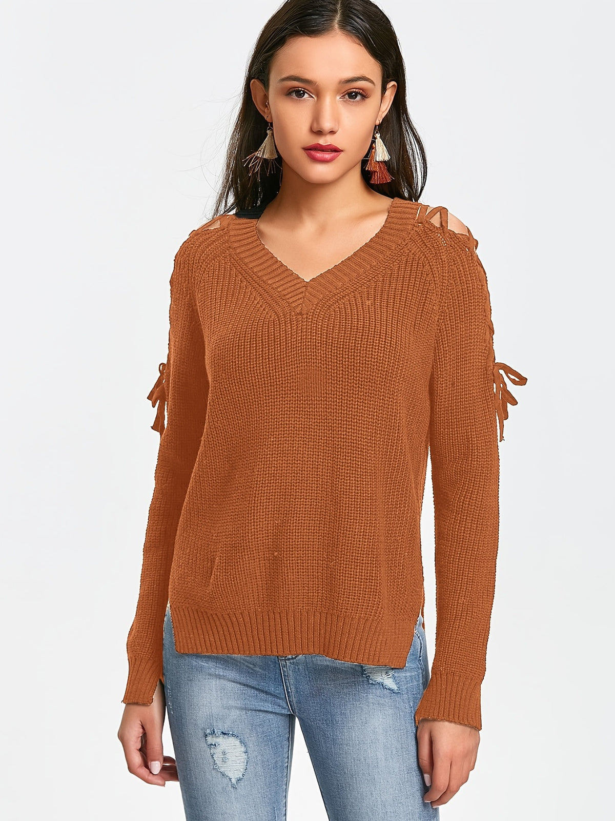 Hollow Knit Sweater Women Long Sleeve Tie Loose V-neck