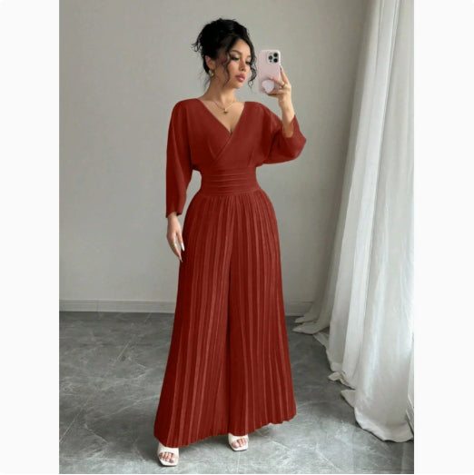 Elegant V-Neck High-Waist Pleated Jumpsuit