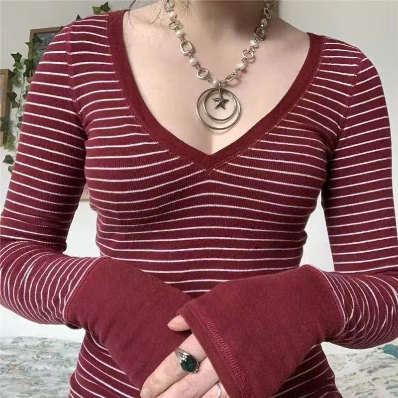 Women's Striped V-Neck Long Sleeve Casual Top