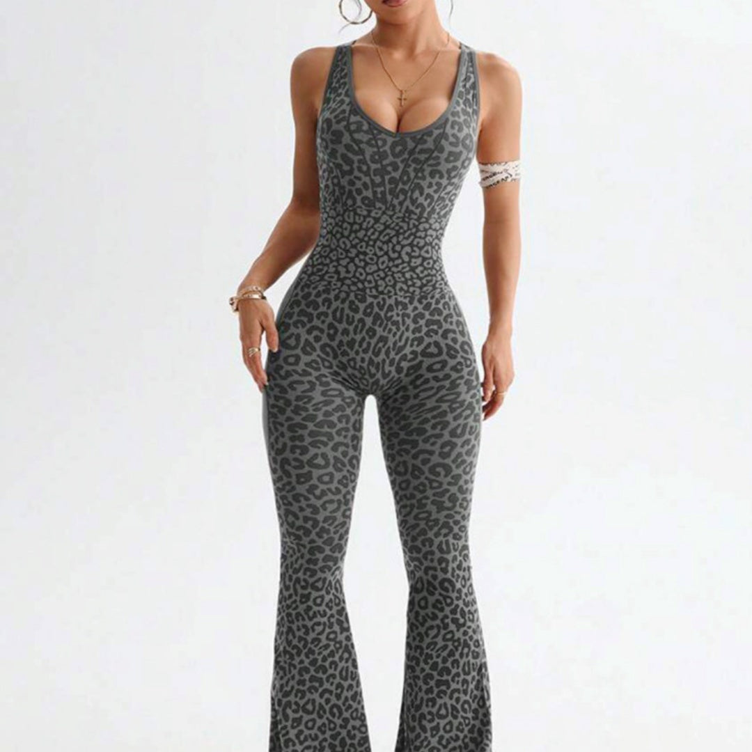 Leopard Print Sports Jumpsuit with Cross Back