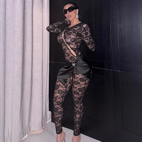 Seductive Lace Cutout See-Through Long Sleeve Bodysuit