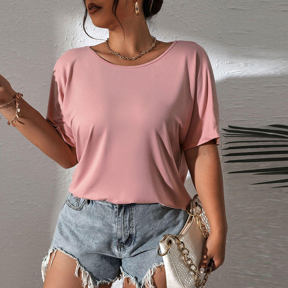 Loose Fit Pink Knit Top – Casual Round‑Neck Short‑Sleeve