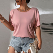 Loose Fit Pink Knit Top – Casual Round‑Neck Short‑Sleeve