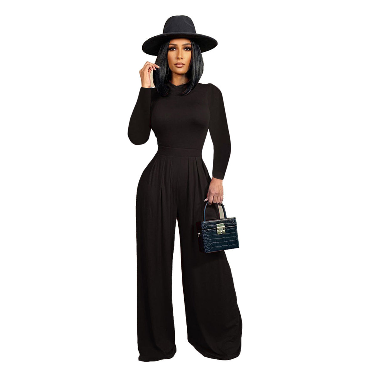 Chic Solid Long-Sleeve Wide-Leg Jumpsuit