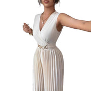 French-style Blazer-collar Jumpsuit Chic Solid-color V-neck