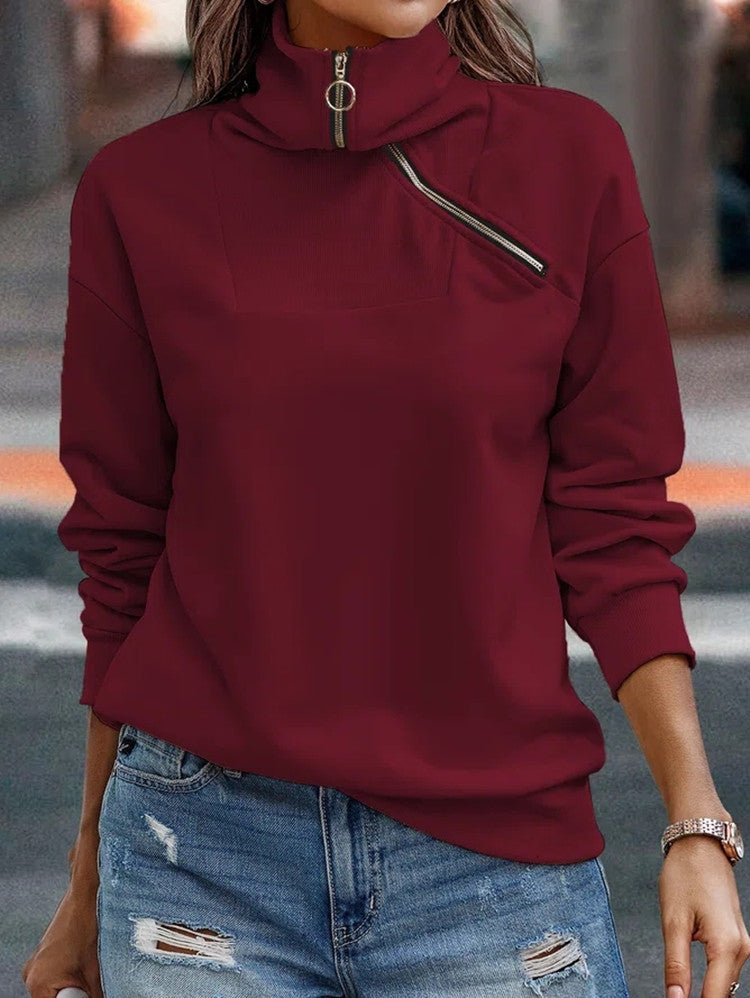 Women's High Neck Zipper Casual Loose Sweater