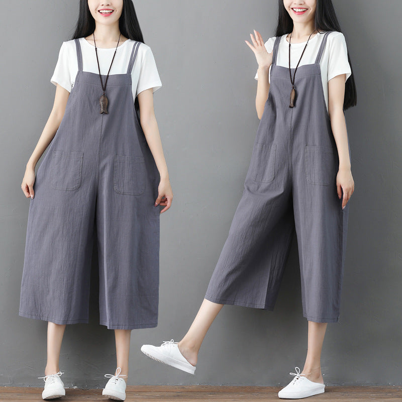 Plus Size Casual Linen Suspender Jumpsuit